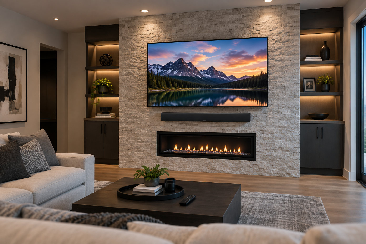 A great room media wall over a stone fireplace