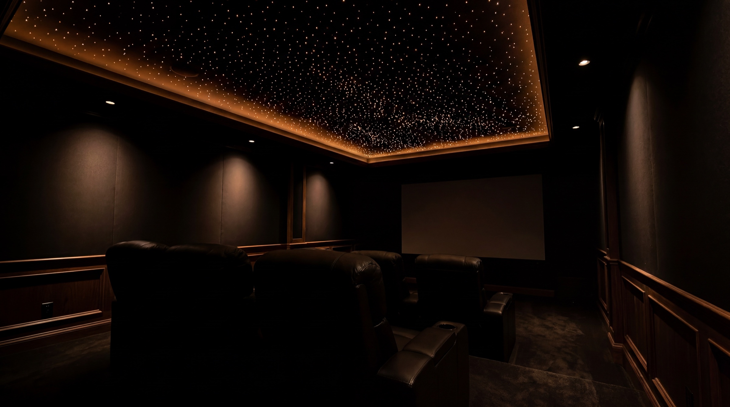 A fiber-optic star ceiling installed above home theater seating