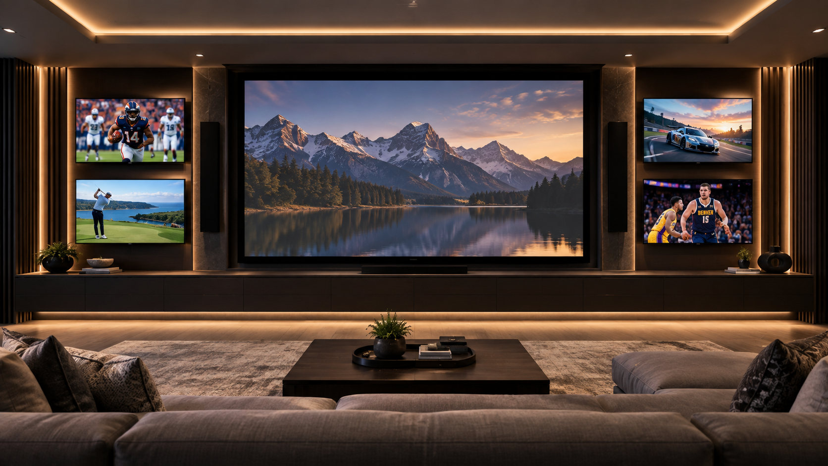 A media wall with a large centre display flanked by four screens