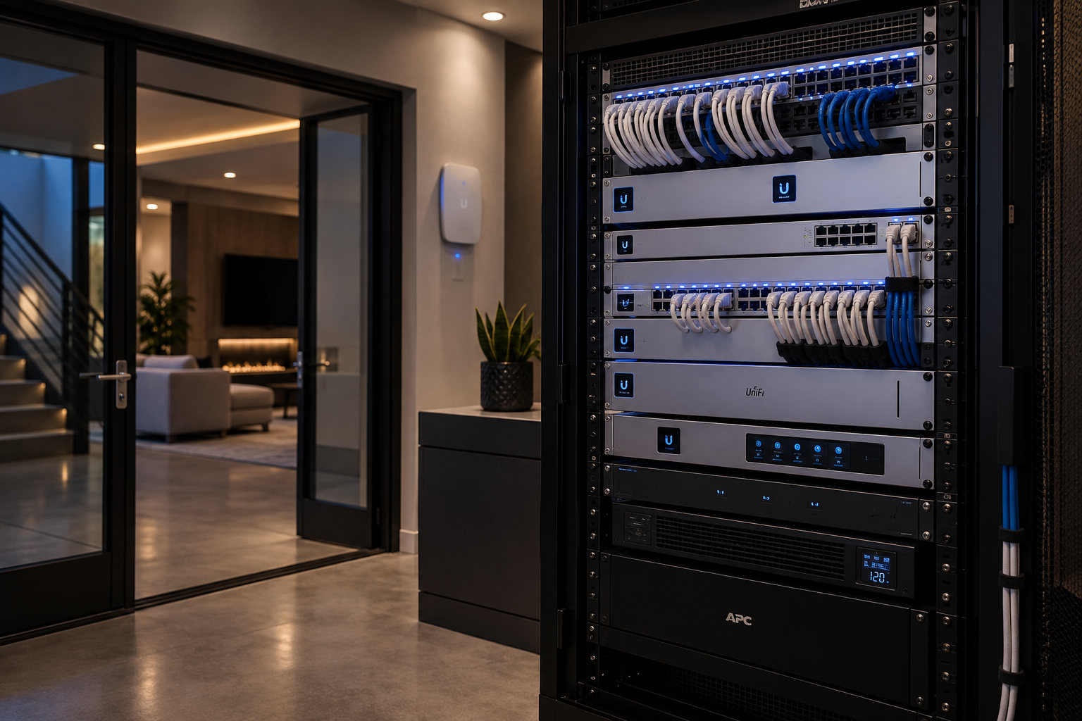 A full network rack with switching, storage and battery backup