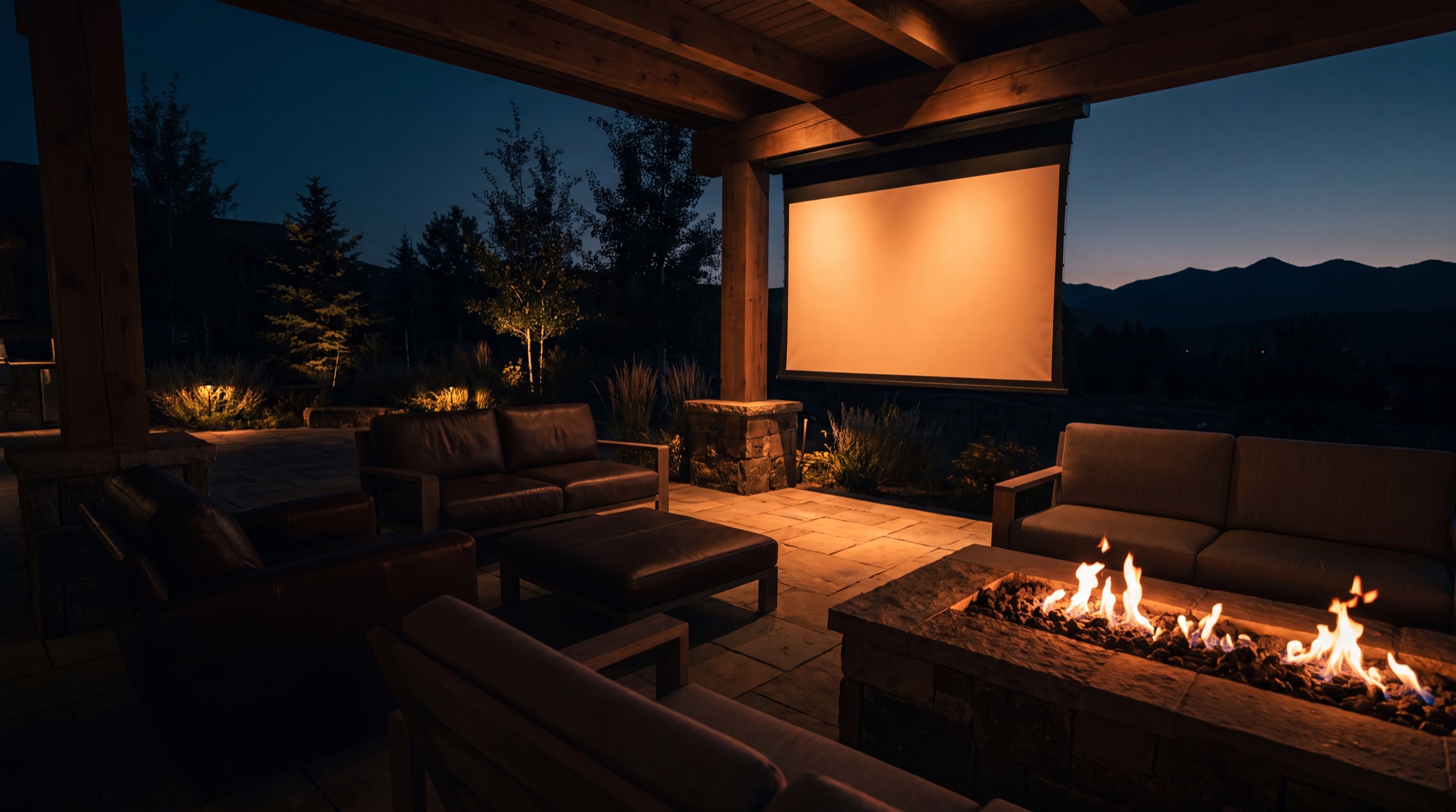 Outdoor patio audio and video running at night