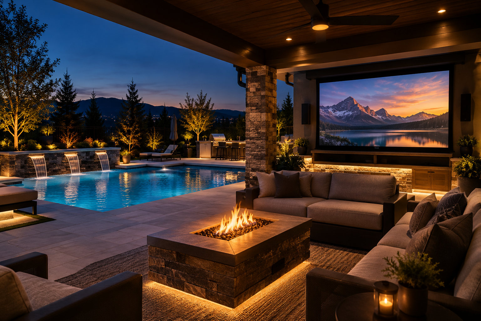 A covered patio beside a lit pool with outdoor audio and a screen