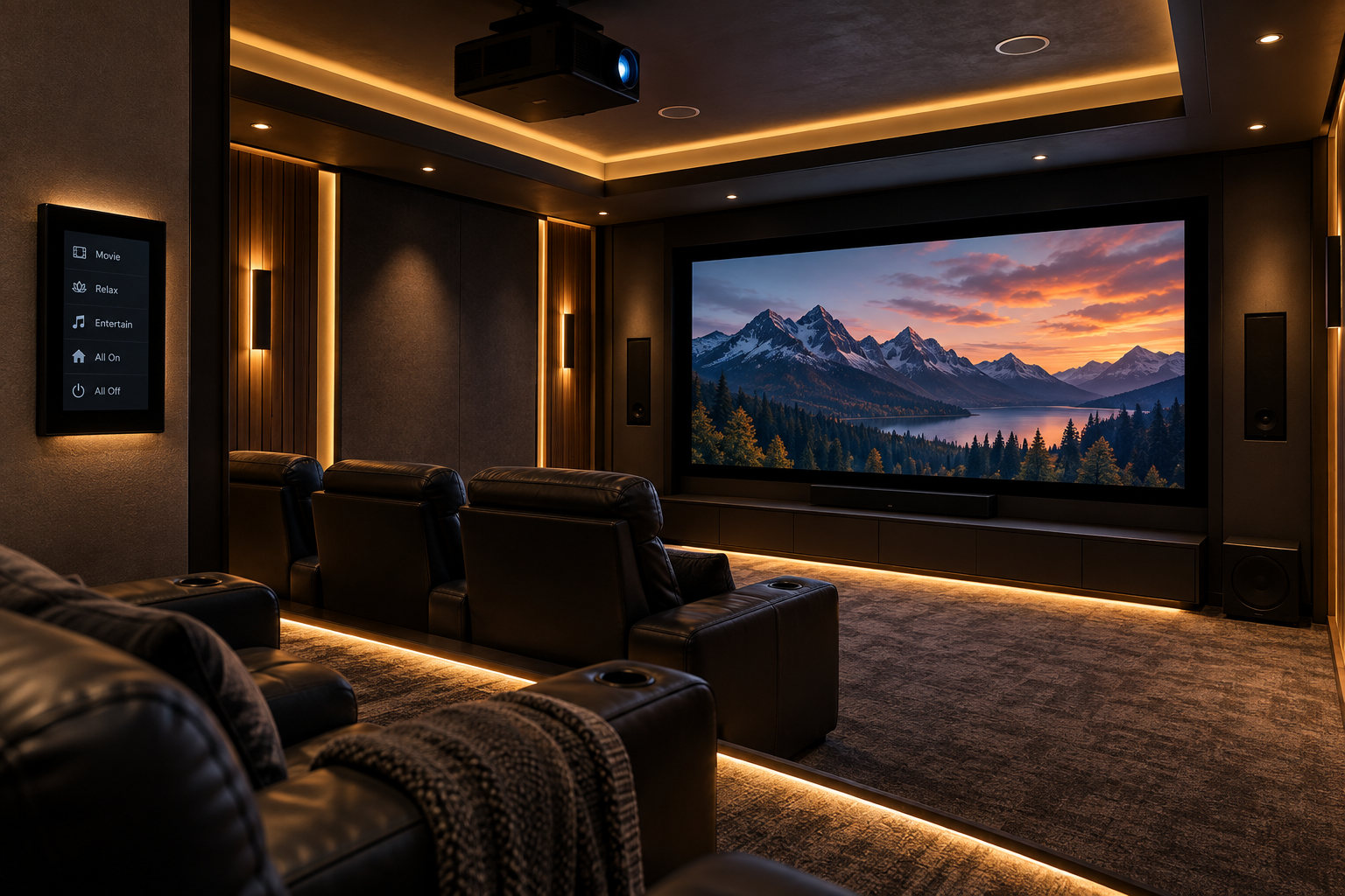 A home theater lit by a scene set from the keypad on the wall