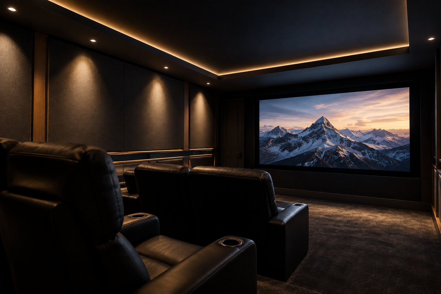 A media room with in-wall speakers hidden in the panelling