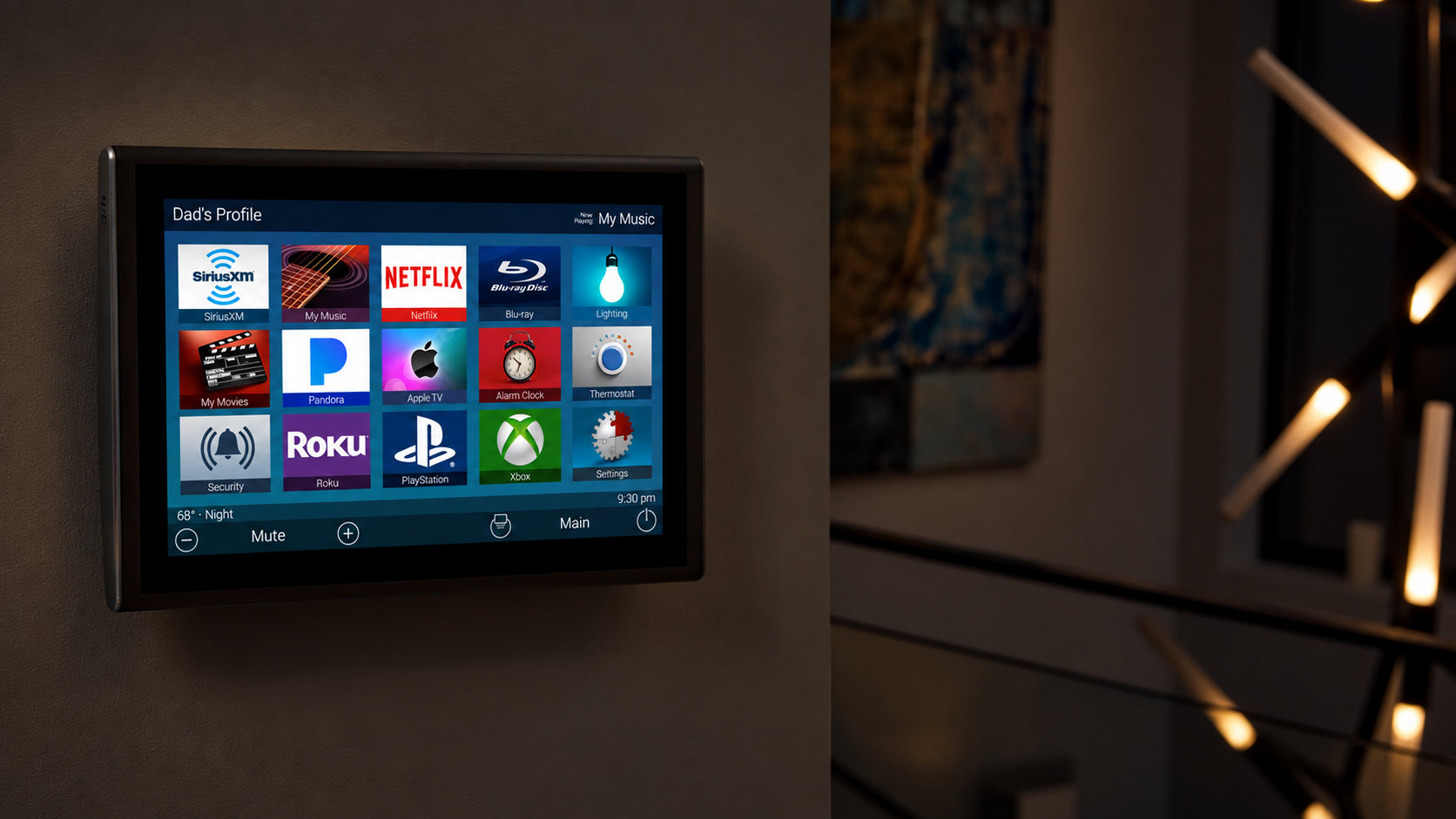 A wall-mounted URC touch panel showing one-touch scenes for the room